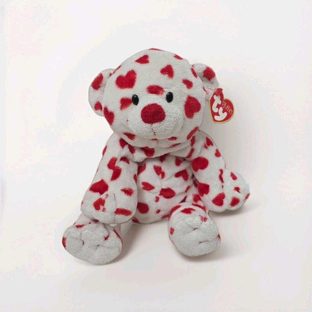 Ty Pluffies Dreamsy Bear 2007 Tylux White W/Red Hearts Valentines Day Plush Tags